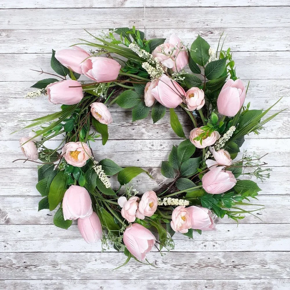 Spring Floral Wreath Pink Tulips Ranunculus Flowers 18